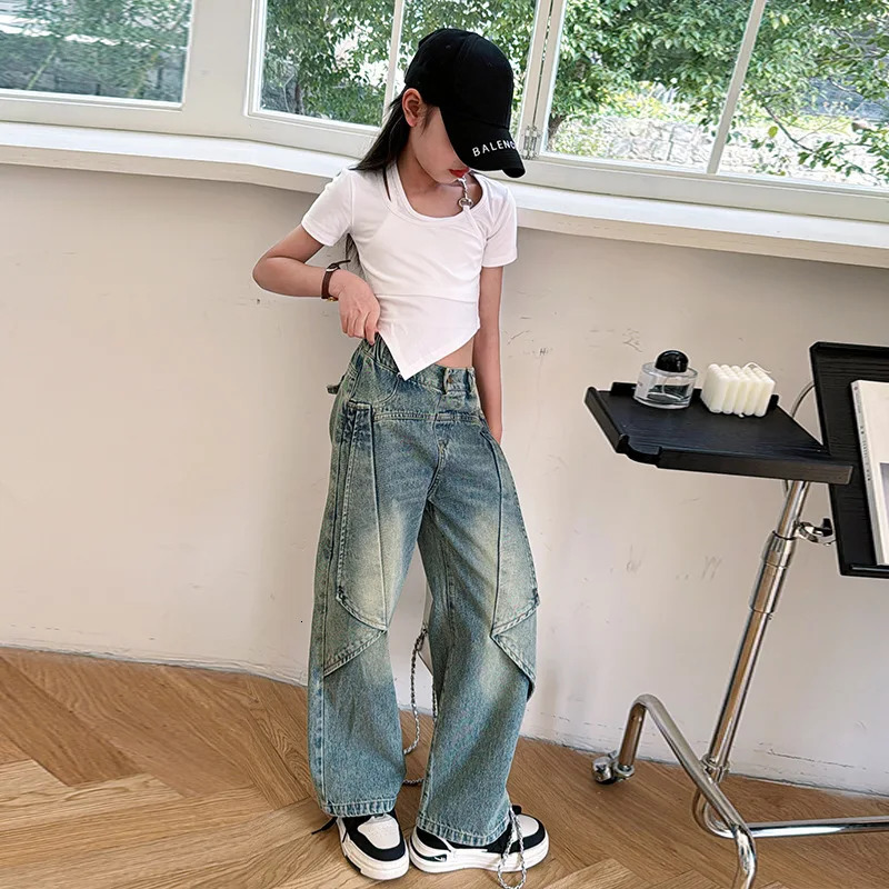 Girls Jeans Korean Loose Wide leg Pants Children Straight leg Jeans Kids Pans Trendy 120-170CM 240701