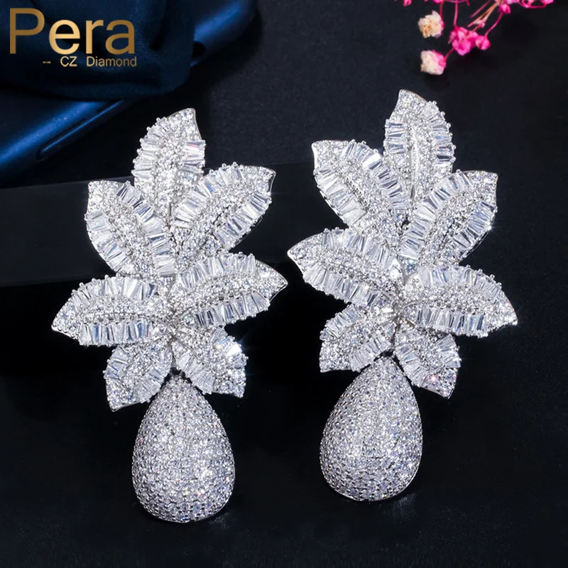 Pera Gorgeous White Cubic Zirconia Silver Color Large Leaf Water Drop Wedding Party Dangle Earrings for Brides Jewelry Gift E606 240701