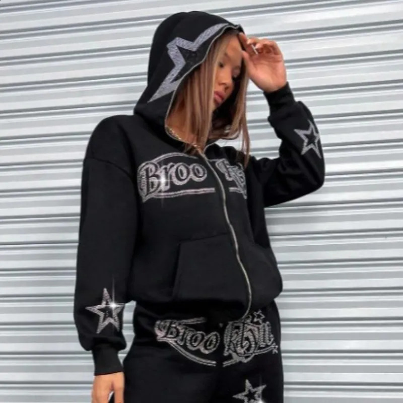 Diamond Print Hoodie Hip-hop Retro Streetwear Y2K Clothing Fashion Rhinestone zipper Womens Jacket Top Mens Hooded Sweatshirt 240701
