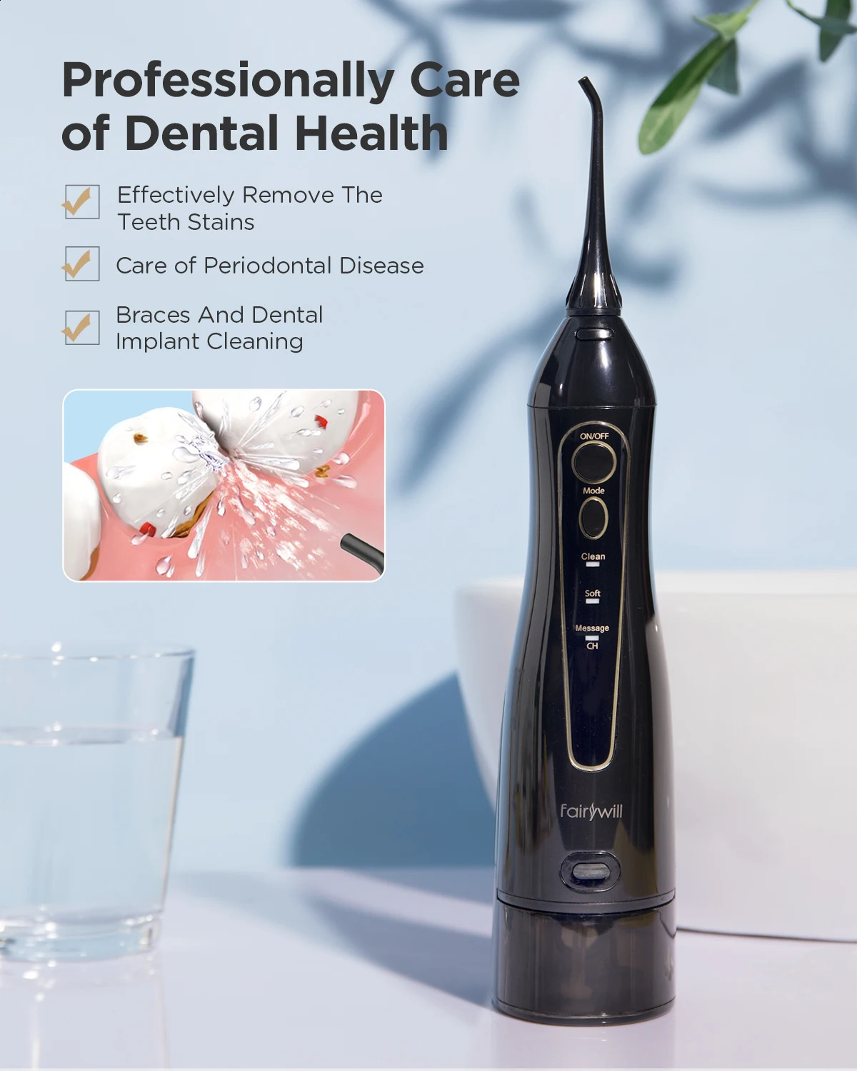 Fairywill Water Flossers for Teeth Oral Irrigator Rechargeable Portable Dental 3 Modes Water Tank Waterproof Teeth Cleaner 240701