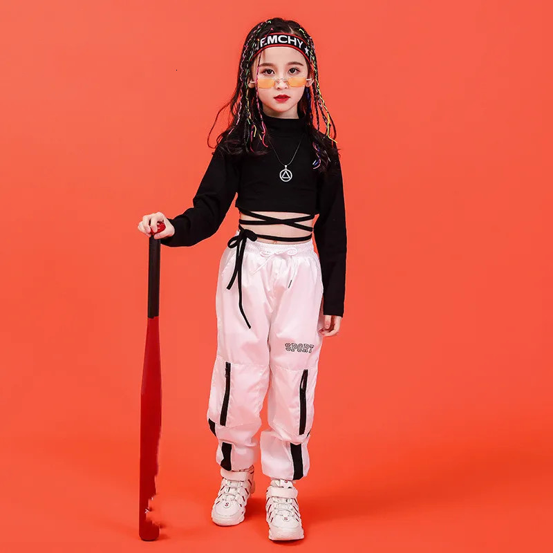 Girl Clothes Summer Chidren Hip Hop Clothing Cotton Black Long Sleeve Crop Tshirt White Polyester Pant 2 Pcs Streetwear Suit 240701