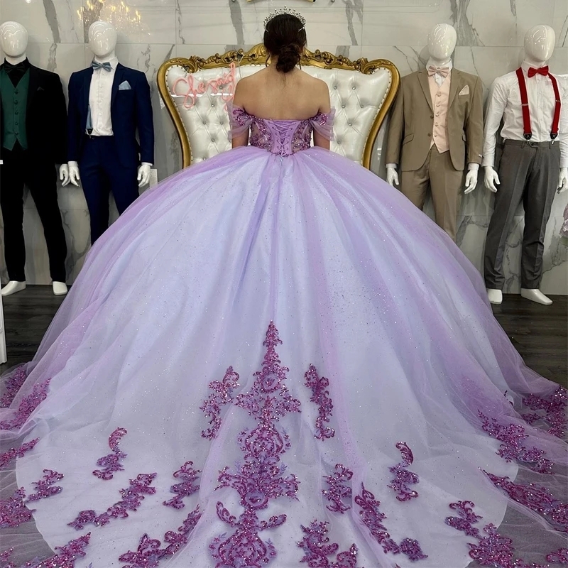 Light Purple Sequined Appliques Lace Ball Gown Quinceanera Dresses Off The Shoulder Corset Vestidos De 15 Anos Birthday Party