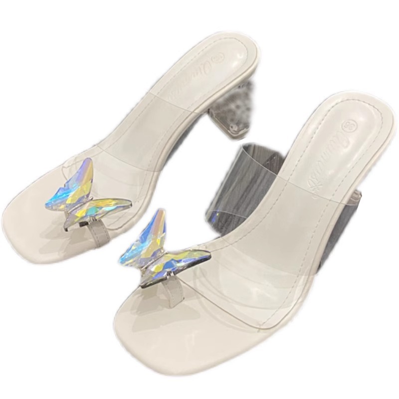 Summer 2024 New Bow Clip Toe Crystal Clear High Heels Women's Heel Square Toe Block Heel Wear Sandals