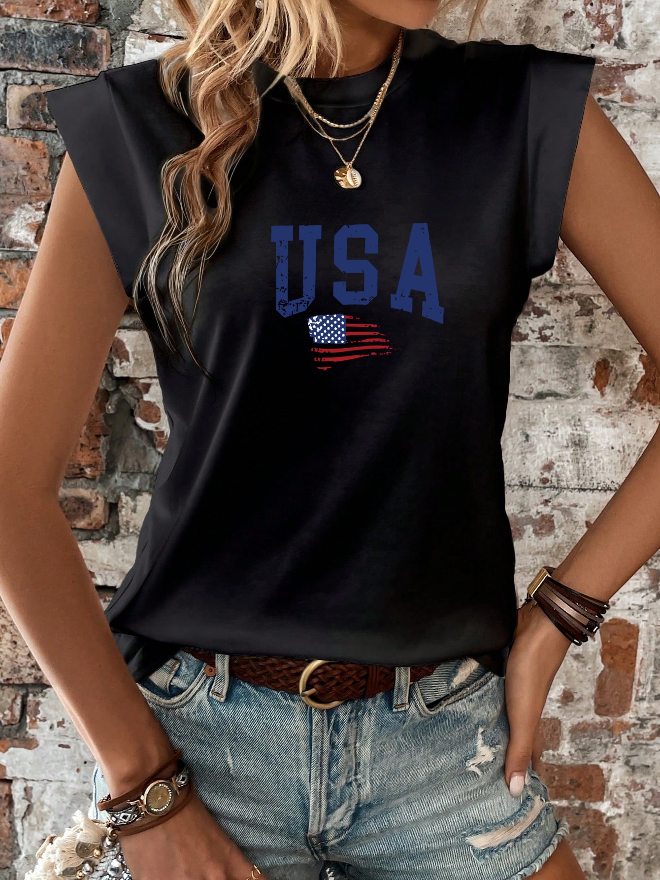 tops t shirt women clothes woman top Women USA Flag Printed American Flag Sleeveless Top Crew Neck Spandex Polyester Casual Letter Print SIZE S-2XL T-