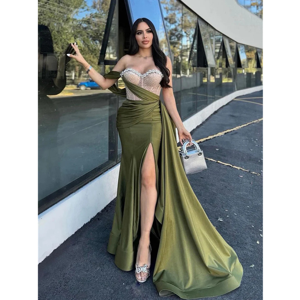 2024 Evening Dress Sexy Beaded Birthday Party Gowns Strapless High Slit African Nigeria Mermaid Robe De Soiree Custom Made Plus Size 6660312