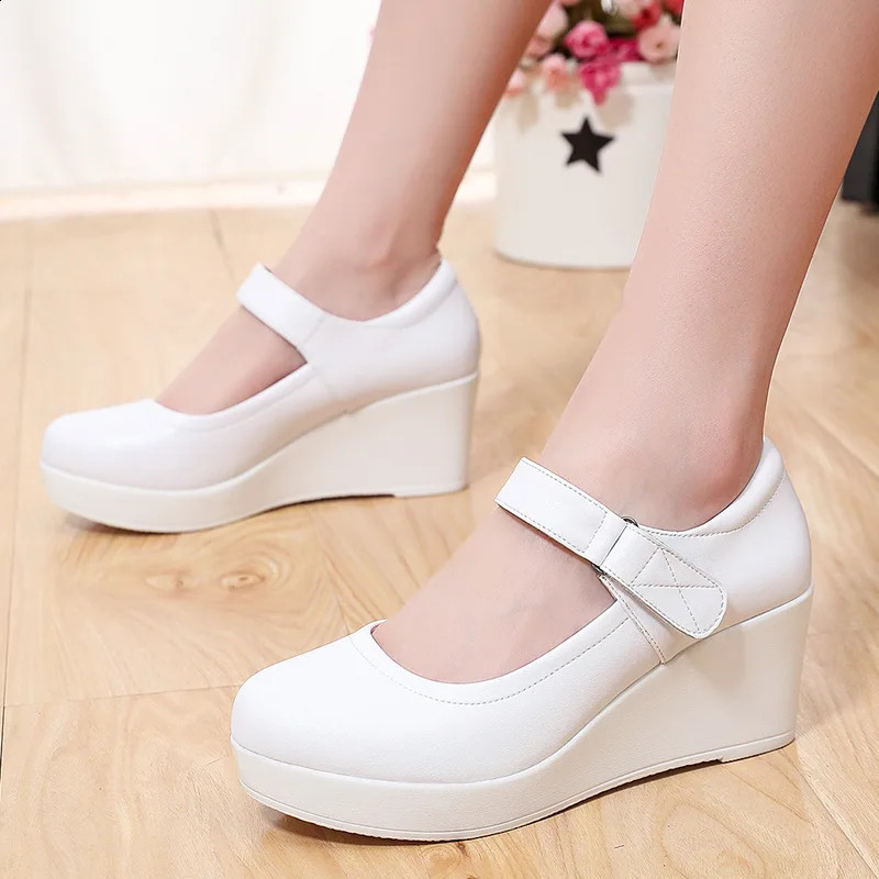 Small Big Size 33-43 Shallow Thick Bottom Genuine Leather Shoes Platform Pumps Fall Womens High Heels Wedges Shoes Office 250228