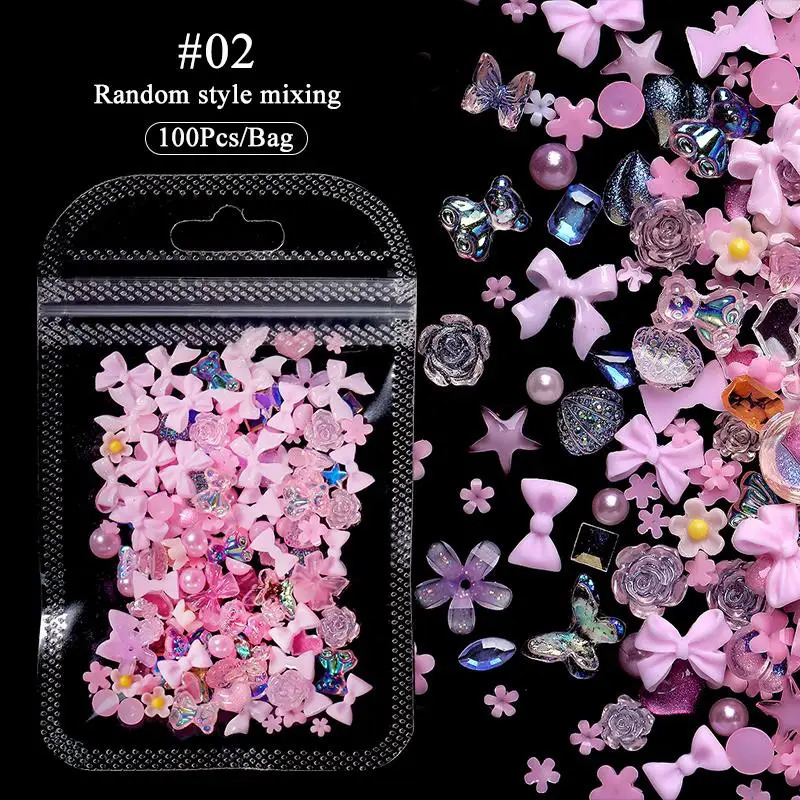 100pcs 3D Resin Pink Purple Nail Charm Flowers Heart Bear Mixed Nail Art Decoration Kawaii Pink Ribbon Bowknot DIY Nail Part 240701