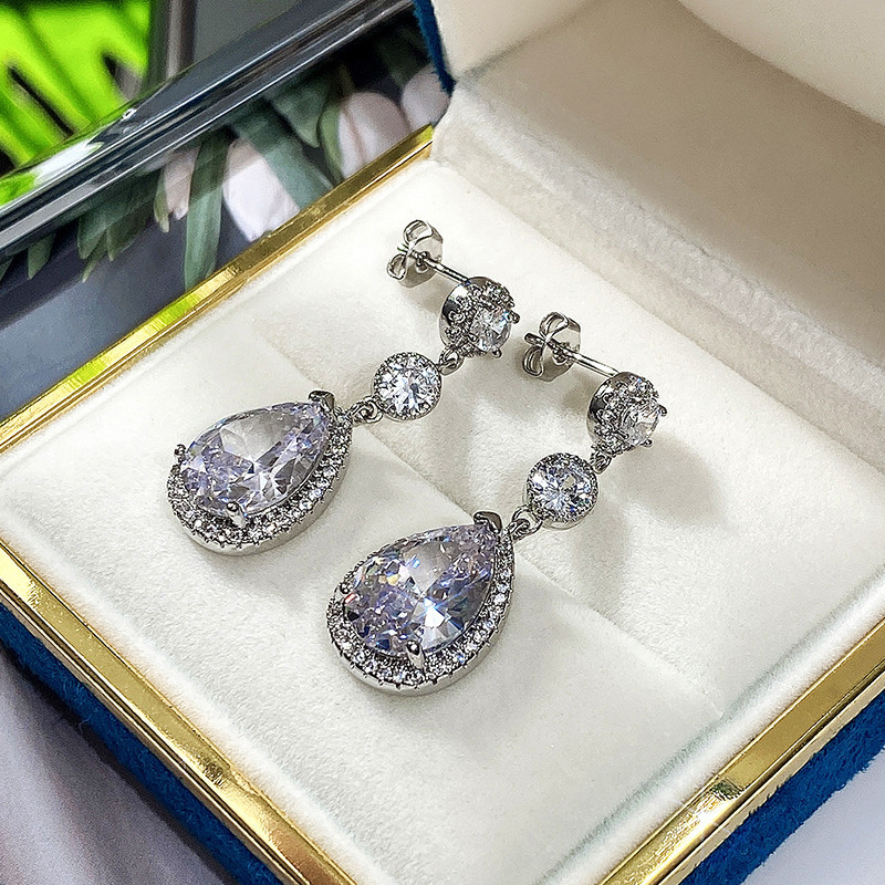 White Gold Filled Water Drop Zircon Dangle Earrings for Women Bridal Promise Jewelry Gift