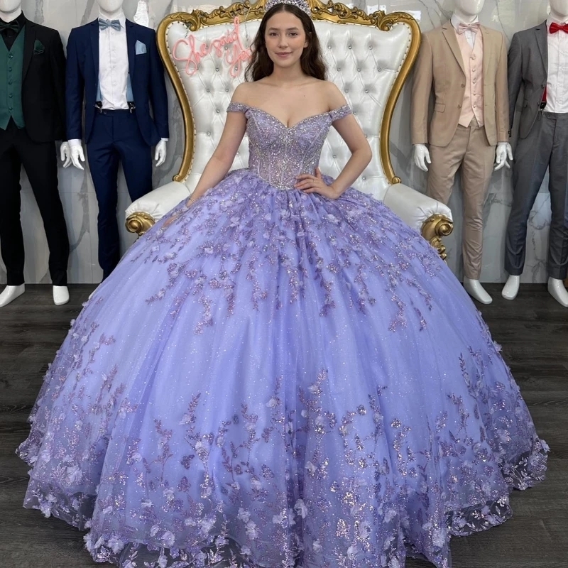 Mexico Lavender Shiny Off The Shoulder Ball Gown Quinceanera Dress Beaded Appliques Birthday Party Gowns Ruffles Sweet 16 15