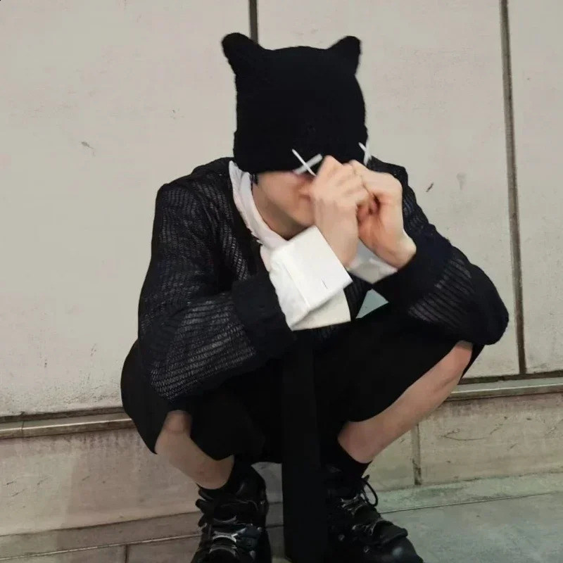 Y2k Devil Cat Ear Knitted Womens Hats Autumn and Winter Fashion Warm Korean Version Street Versatile Pullover Beanies for Men 240621
