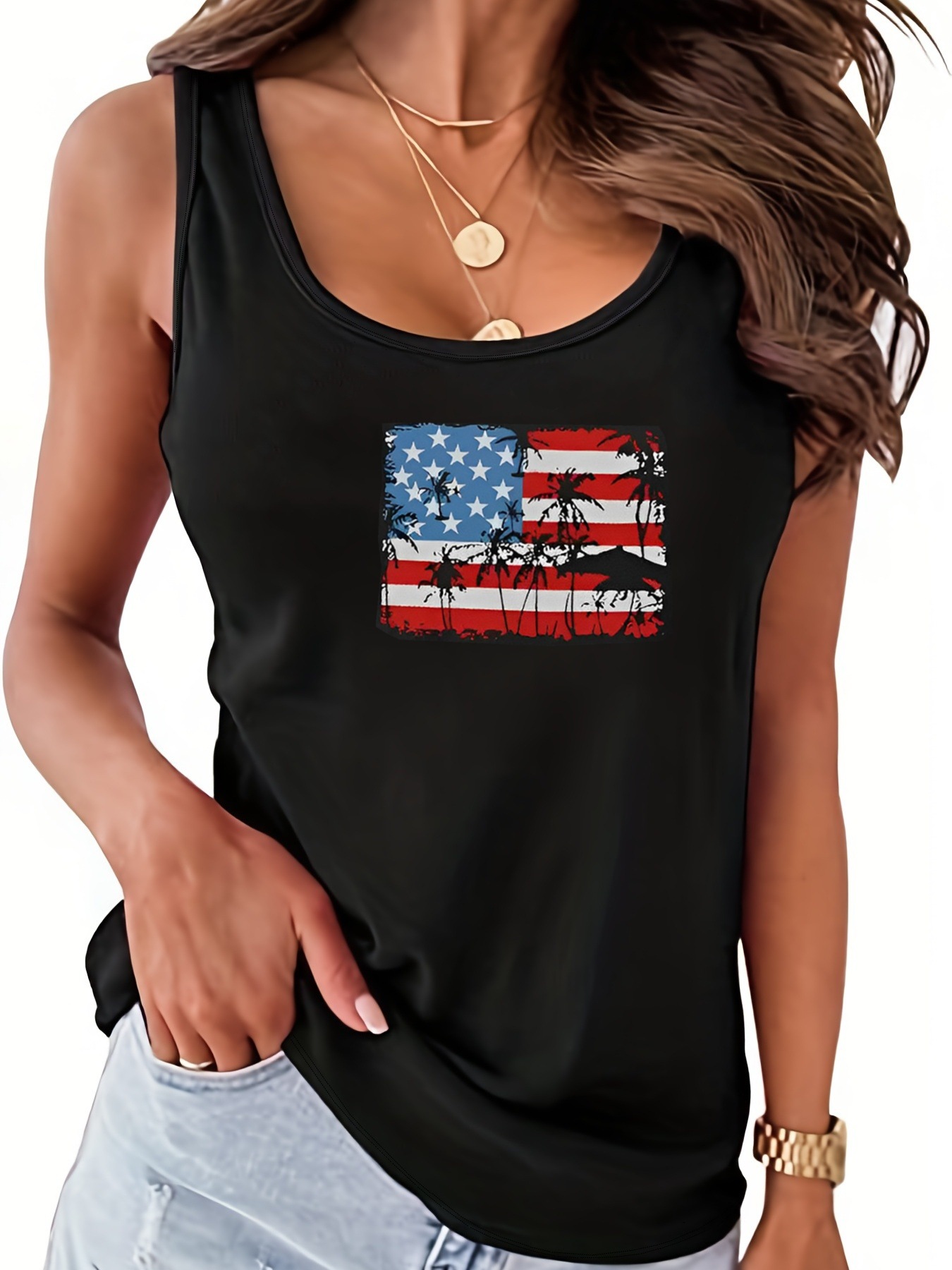 tops t shirt women clothes woman top Women USA Flag Printed American Flag Sleeveless Top Crew Neck Spandex Polyester Casual Letter Print SIZE S-2XL T-