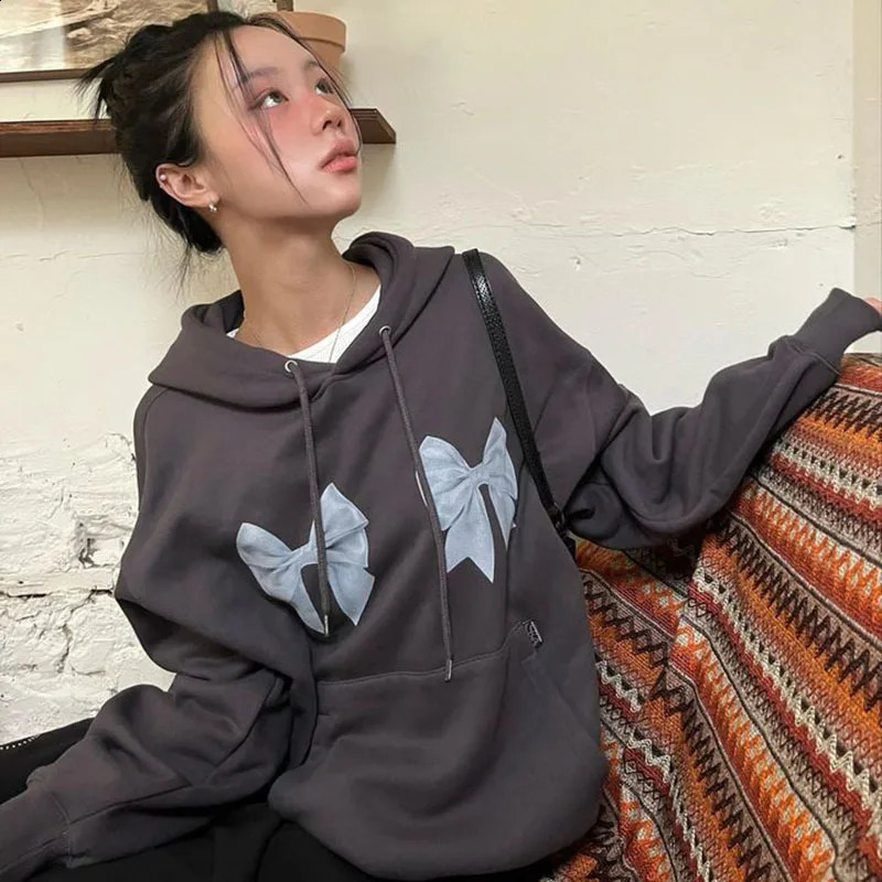 Korean Fashion Bow Print Women Hoodie Kawai Harajuku Casual Streetwear Aesthetic Y2K Pullover Loose E-girl Jacket Couple Tops 240701