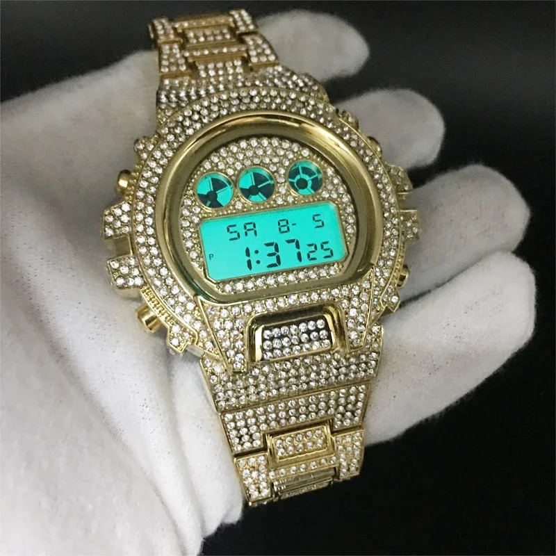Drop 18k Gold Watch Men Full Diamonds Mens Quartz Watches LED Digital Male Clock Hip Hop Wristwatches Reloj Hombre Gift 240626