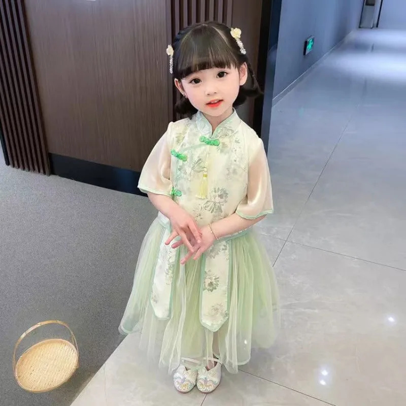 Girls Hanfu Summer Suit Skirt Super Fairy Fresh Princess Ancient Chinese Style Children Clothes Little Girls Tang Clothes 240701