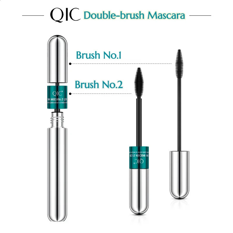 QIC Double Effect 4D Mascara 2 Brush Heads Waterproof Long Curl Natural Thick Eyelash 2in1 Eye Black Mascara 240701