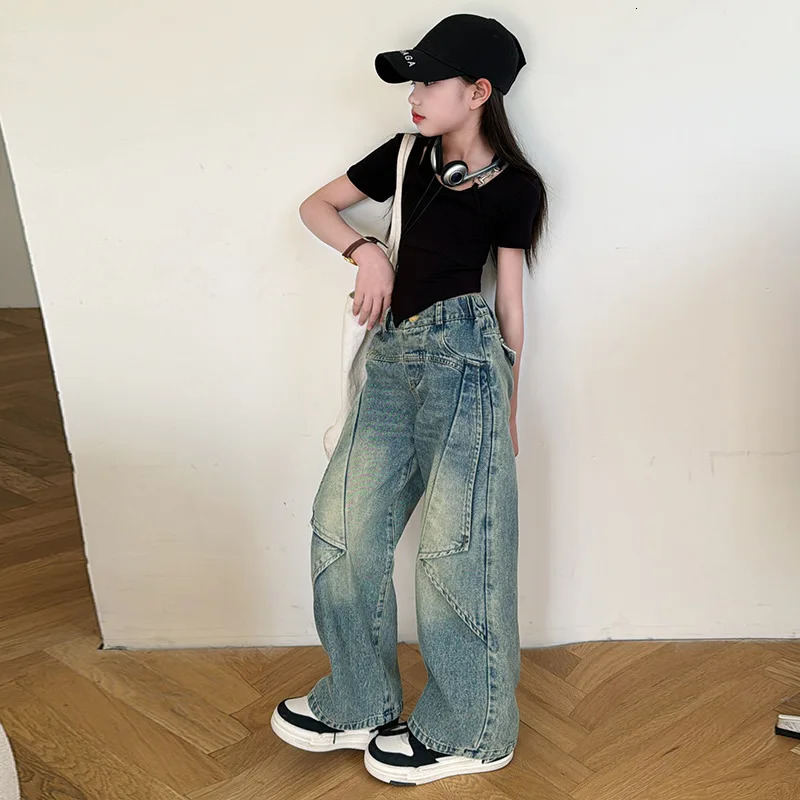 Girls Jeans Korean Loose Wide leg Pants Children Straight leg Jeans Kids Pans Trendy 120-170CM 240701