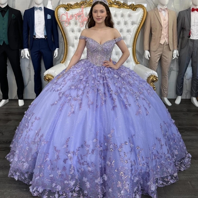 Mexico Lavender Shiny Off The Shoulder Ball Gown Quinceanera Dress Beaded Appliques Birthday Party Gowns Ruffles Sweet 16 15