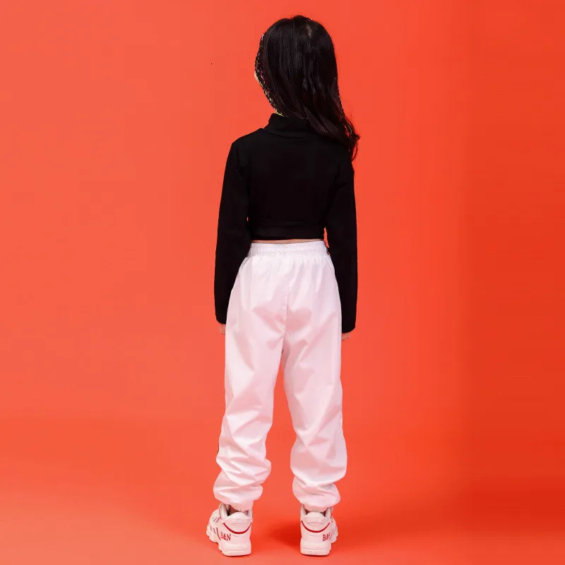 Girl Clothes Summer Chidren Hip Hop Clothing Cotton Black Long Sleeve Crop Tshirt White Polyester Pant 2 Pcs Streetwear Suit 240701