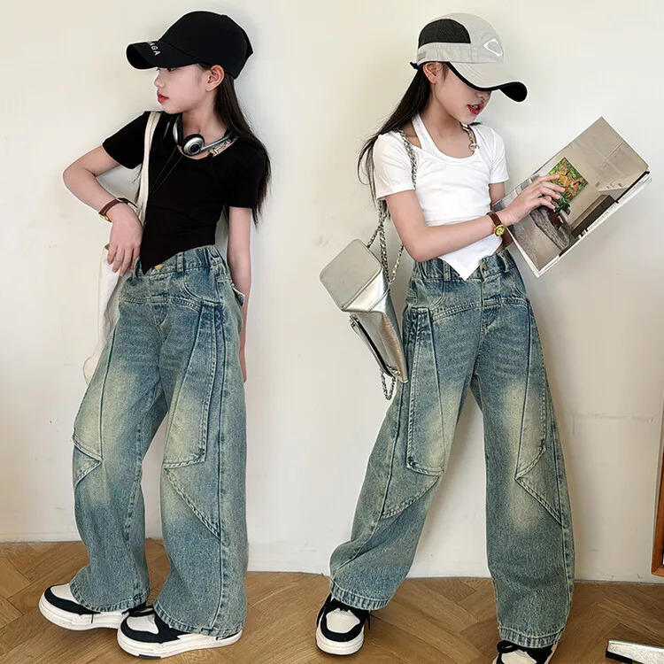Girls Jeans Korean Loose Wide leg Pants Children Straight leg Jeans Kids Pans Trendy 120-170CM 240701