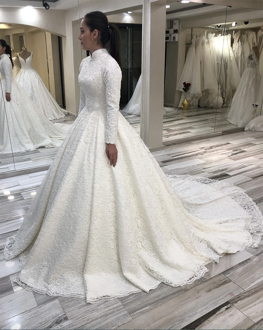 arabic muslim lace beaded wedding dresses high neck long sleeves bridal dresses vintage sexy wedding gowns