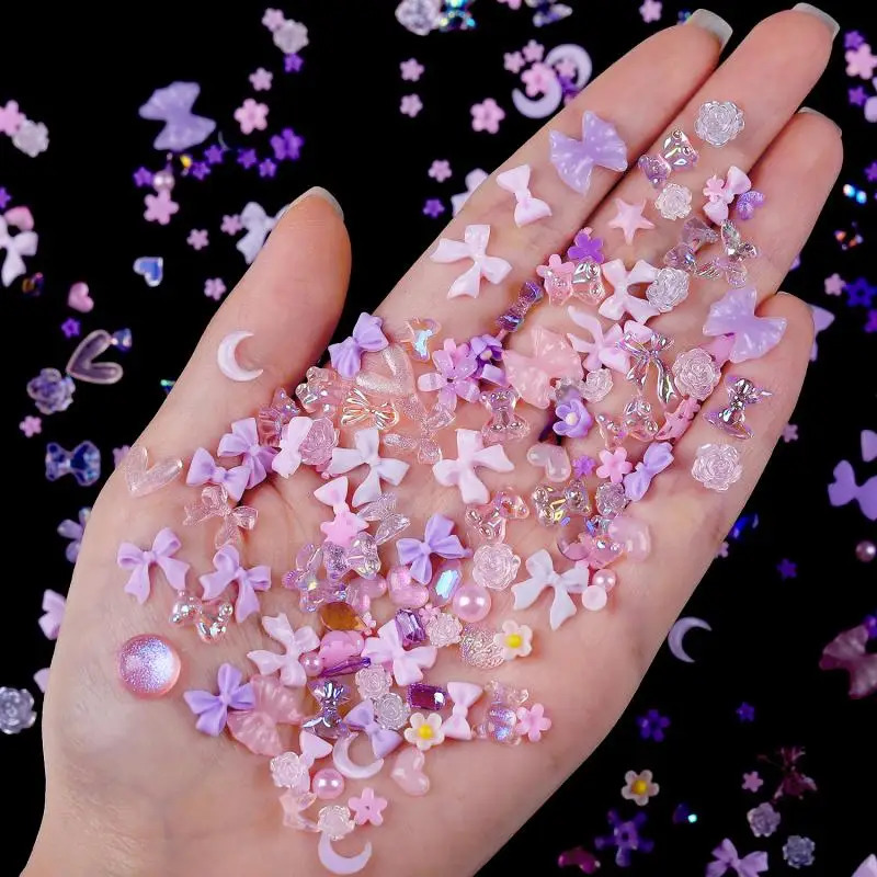 100pcs 3D Resin Pink Purple Nail Charm Flowers Heart Bear Mixed Nail Art Decoration Kawaii Pink Ribbon Bowknot DIY Nail Part 240701