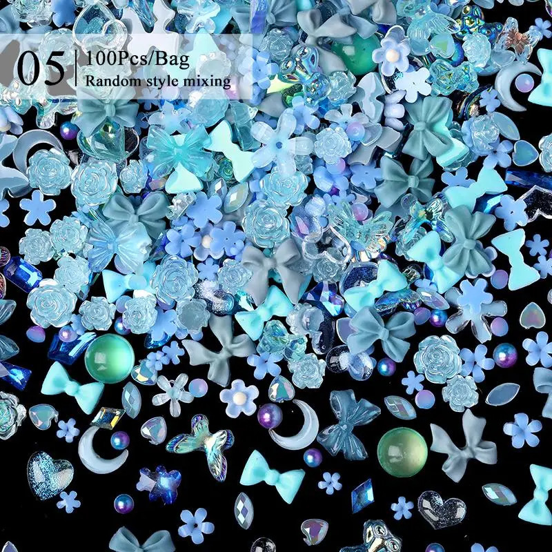 100pcs 3D Resin Pink Purple Nail Charm Flowers Heart Bear Mixed Nail Art Decoration Kawaii Pink Ribbon Bowknot DIY Nail Part 240701