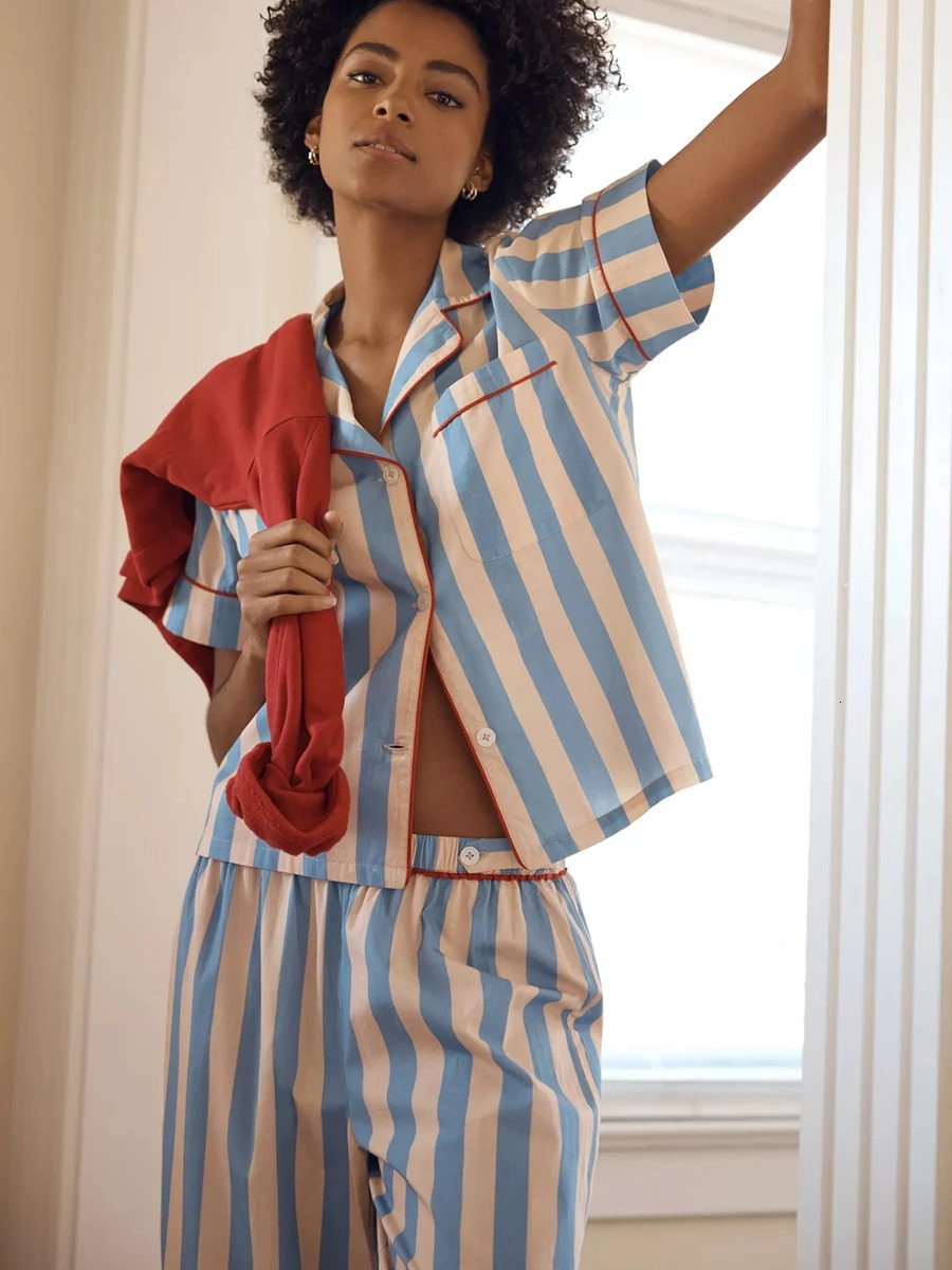 Womens Y2K 2Pieces Underwear Striped Pajama Set Short Sleeve Lapel Collar Shirts Elastic Waist Long Pants Loungewear Sleepwear 240627
