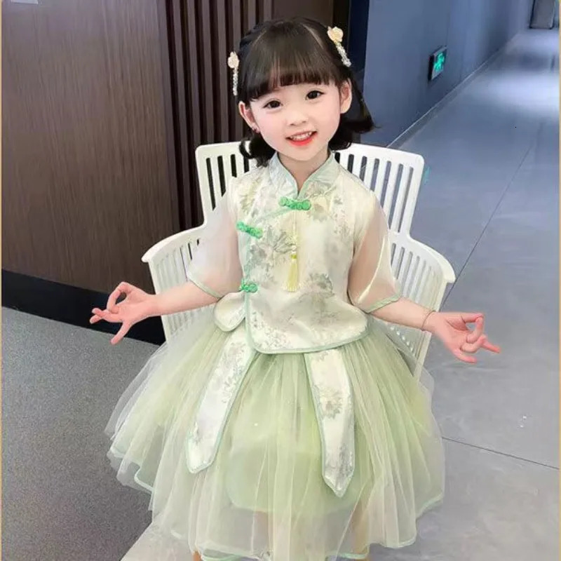 Girls Hanfu Summer Suit Skirt Super Fairy Fresh Princess Ancient Chinese Style Children Clothes Little Girls Tang Clothes 240701