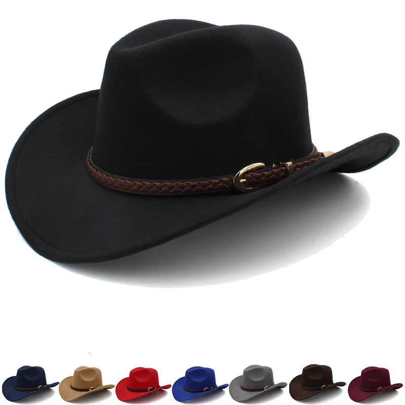 Coffee Leather Band Vintage Parent-child Women Men /Kid Child Wool Wide Brim Cowboy Western Hat Cowgirl Bowler Cap 54-57-61cm 240701