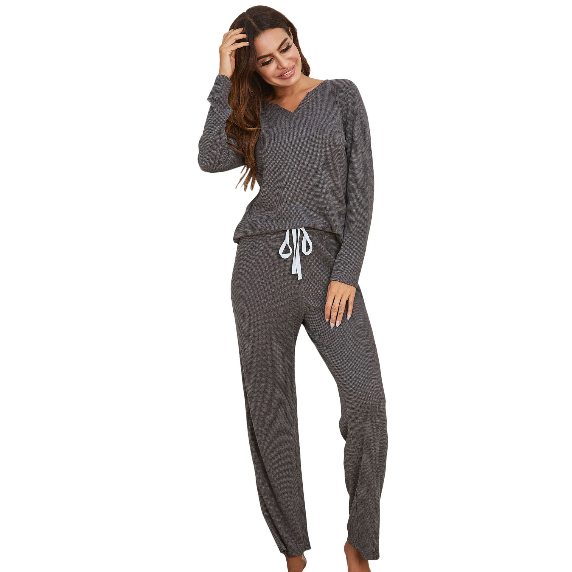 Women's Waffle 2 Piece Set Long Sleeve Top And Long Pant Loungewear Autumn Women Suits Two Piece Set Outfits
