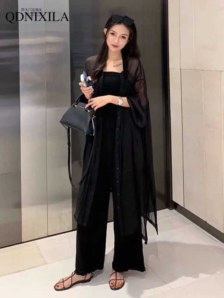 2023 Summer Midlength Womens Shirts and Blouses Fashion Sunscreen Clothing Thin Cardigan Chiffon Beach Top Oversized 240627