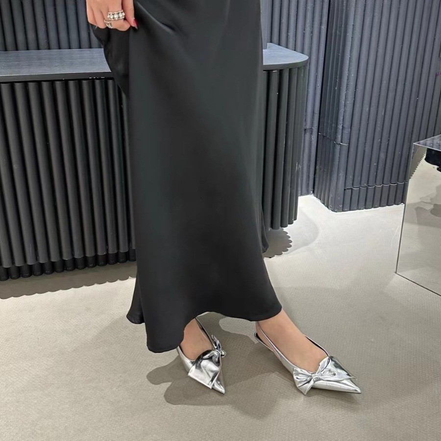 2024 spring summer new bow french slingback strap, pointed toe heels, toe sandals women Sliver