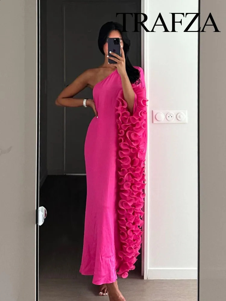 TRAFZA Summer Womens Solid 3D Asymmetrical Dresses Fashion Elegant Woman Oversize One Shoulder Long Sleeve Loose Party Dresses 240701