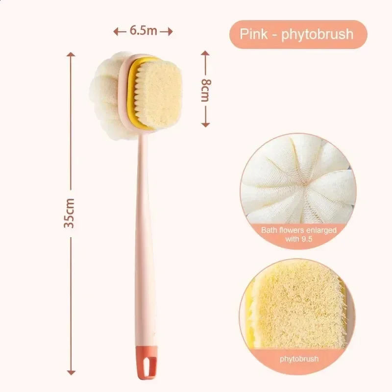 1Pc Pink Sponge Long Soft Hair Bath Brush Doubleside Rub Shower Brush Back Scrubber Exfoliating Tool 240701
