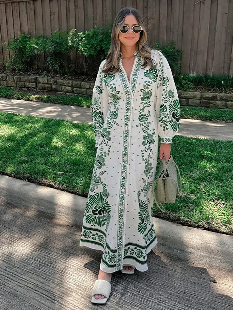 Fashion Green Print Single Breast Maxi Dress Women Elegant Lapel Long Lantern Sleeves Long Robes 2024 Beach Vocation Vestido 240701
