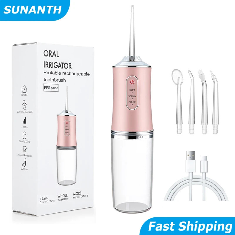 Portable Oral Irrigator USB Rechargeable Dental Water Flosser 4 Nozzles Water Jet 220ml Water Tank 3 Modes Waterproof 240701