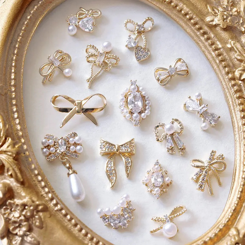 10pcslot 3D Bow Butterfly Love Alloy Nail Art Zircon Pearl Metal Manicure Nails Accesorios Supplies DIY Nail Decorations Charms 240701