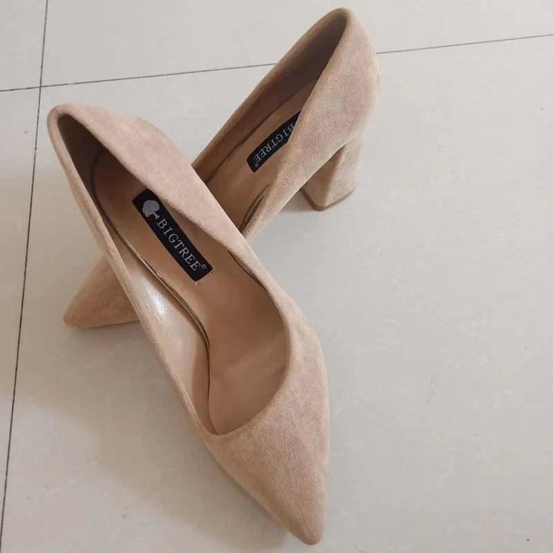 Women 8.5cm High Elegant Pumps Lady Wedding Block Heels Scarpins ck Suede Red Brown Nightclub Event Party Office Shoes 250228