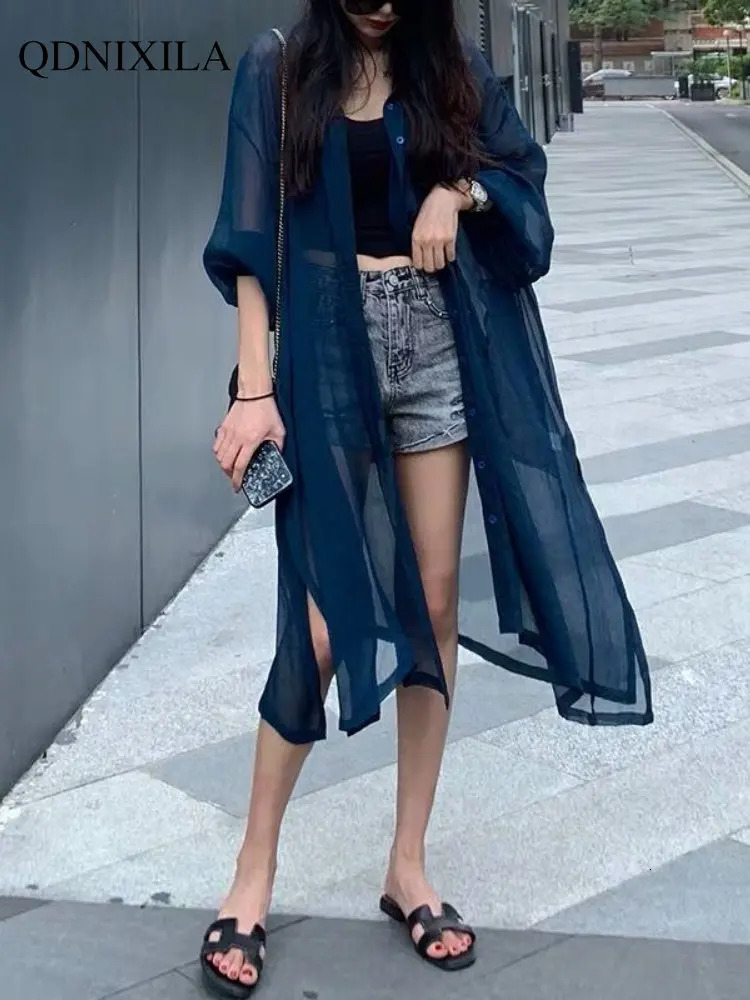 2023 Summer Midlength Womens Shirts and Blouses Fashion Sunscreen Clothing Thin Cardigan Chiffon Beach Top Oversized 240627