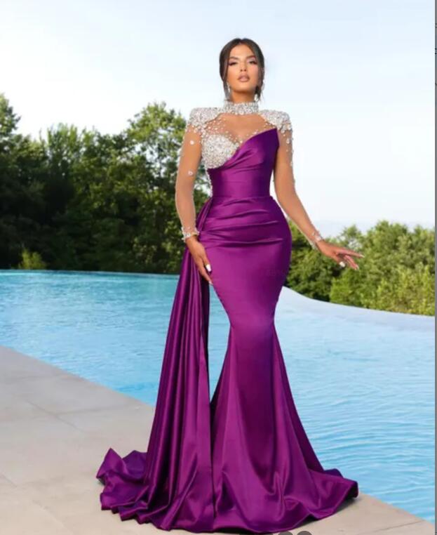 2024 Plus Size Purple Mermaid Prom Dresses For Special Occasion Beaded Crystals Satin Evening Formal Party Second Reception Birthday Engagement Gowns 