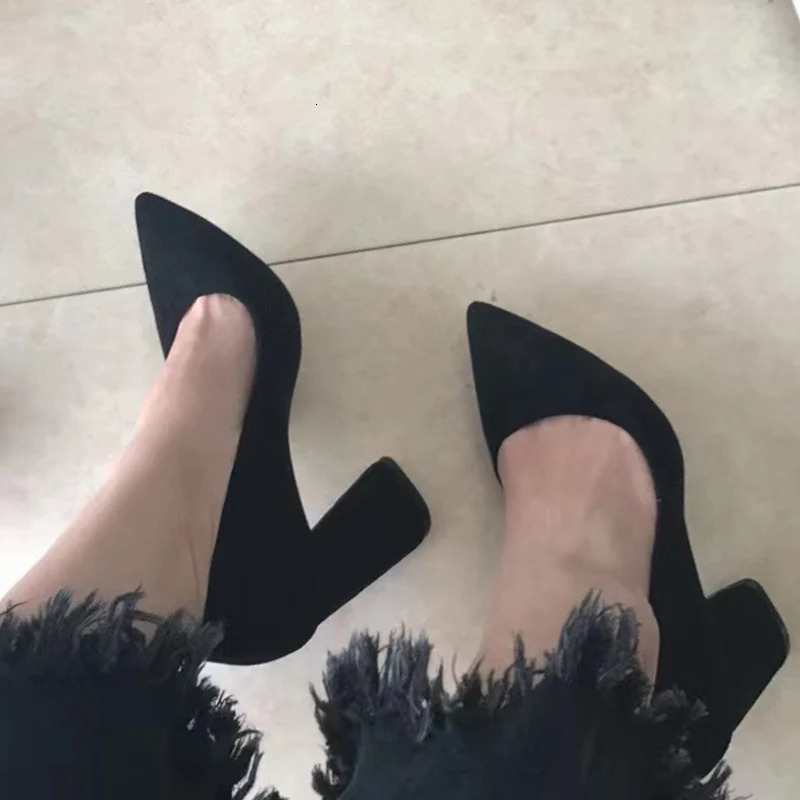 Women 8.5cm High Elegant Pumps Lady Wedding Block Heels Scarpins ck Suede Red Brown Nightclub Event Party Office Shoes 250228