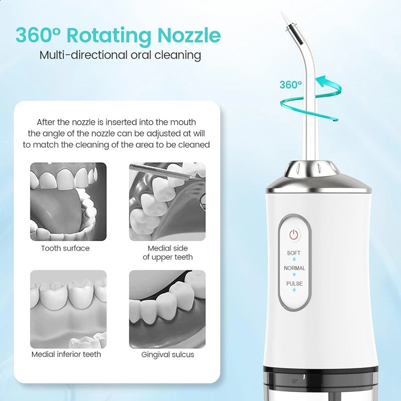 Portable Oral Irrigator USB Rechargeable Dental Water Flosser 4 Nozzles Water Jet 220ml Water Tank 3 Modes Waterproof 240701