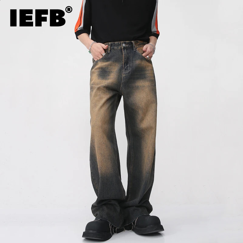 IEFB Vintage Mens Burrs Jeans Summer Gradient Color Straight Denim Pants High Street Male Casual Wide Leg Trousers 9A8628 240701