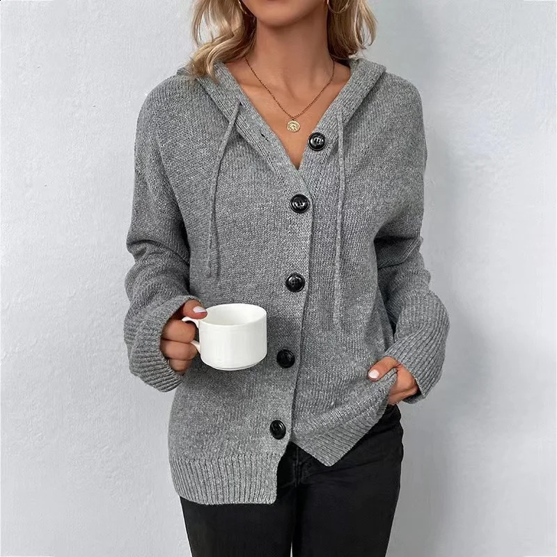 Hooded Cardigan for Women Drawstring Button Up Knit Sweater Jacket Autumn Winter Ladies Outfit 240701wtt
