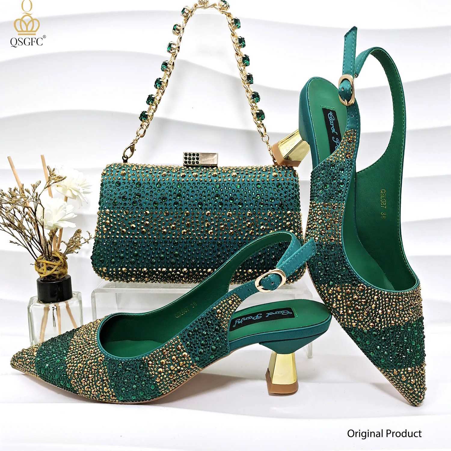 Dress Shoes Nigerian Women Heel Party Ladies Italian Design Green And Bag Set Decorated with Rhinestone Handbag Wedding H240701