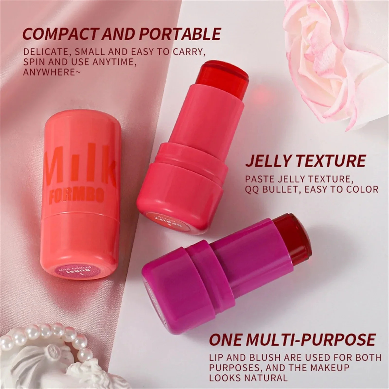 4 Colors Jelly Lip Gloss Durable Nature 3-in-1 Milk Blush Stick Multifunctional Matte Blush Transparent Multi-functional Makeup 240701