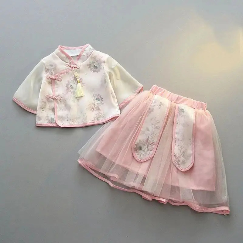 Girls Hanfu Summer Suit Skirt Super Fairy Fresh Princess Ancient Chinese Style Children Clothes Little Girls Tang Clothes 240701