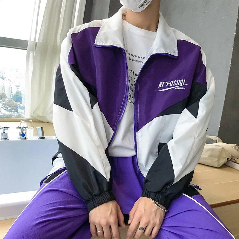 Varsity Thin Jacket Men Women Harajuku Casual Color-block Baggy Coat High Street Patchwork Lapel Track Top Spring Couple Outwear 240701