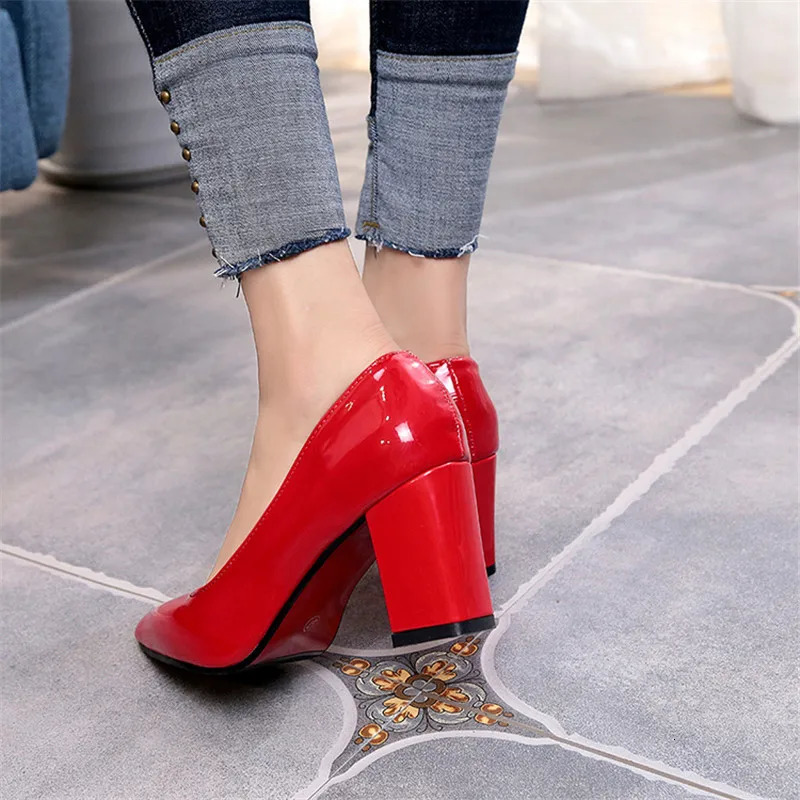 Women Pumps Black High heels 7.5cm Lady Patent leather Shallow Thick with Autumn Pointed Single Shoes Slip-On Female Shoes 240701