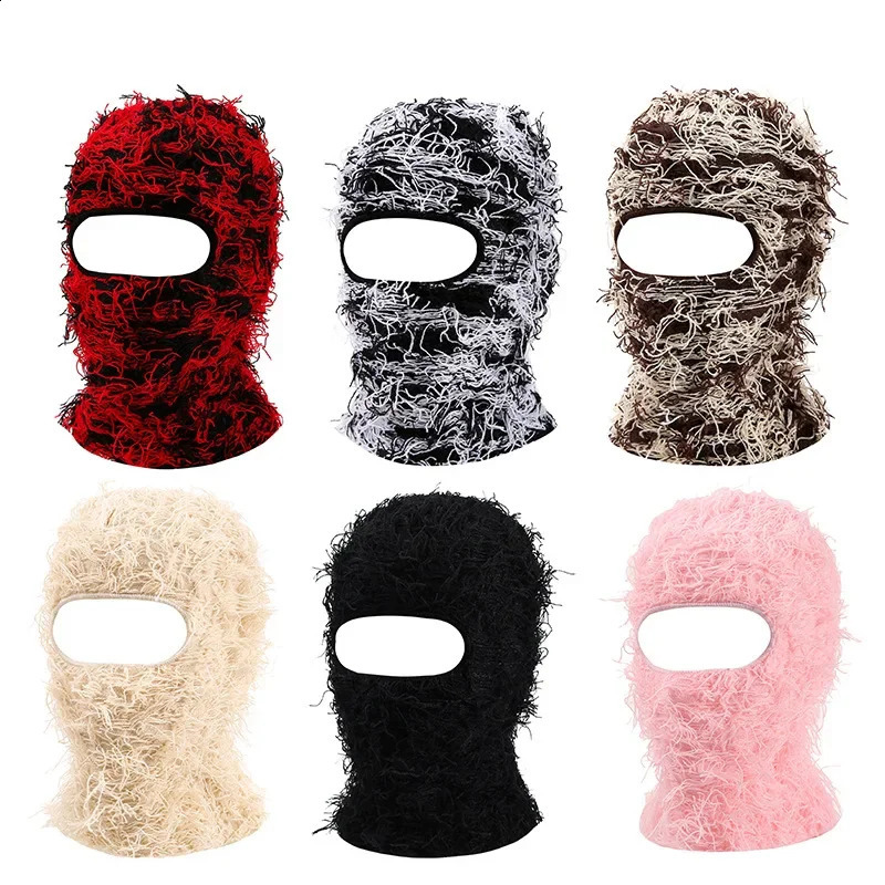 2024 Hip Hop Balaclava Distressed Knitted Caps Full Face Ski Mask Women Outdoor Camouflage Fuzzy Ski Balaclava Beanies Hat 240621
